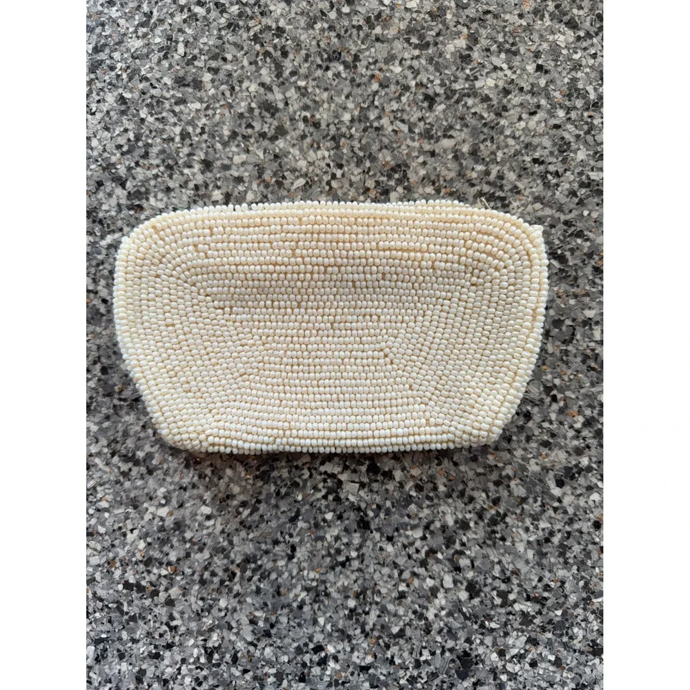 Vintage Cream Seed Bead Clutch Swirl Scroll Pattern Ivory Evening Bag 7x4